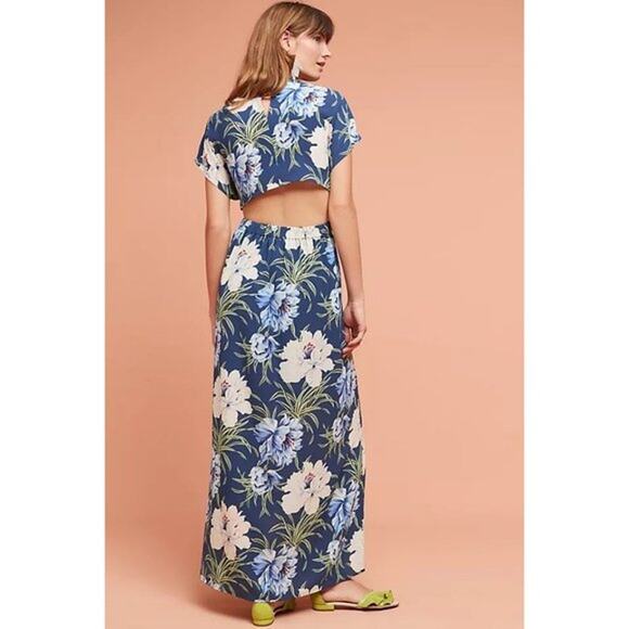 Anthropologie d.RA Maxi Dress Santorini Floral Tropical Boho Blue Cream Size L - Picture 2 of 13